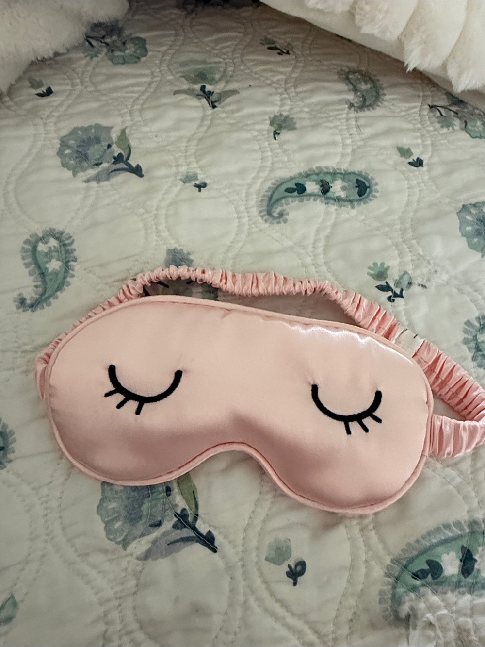 Pink Satin Sleep Mask with Eyelash Embroidery